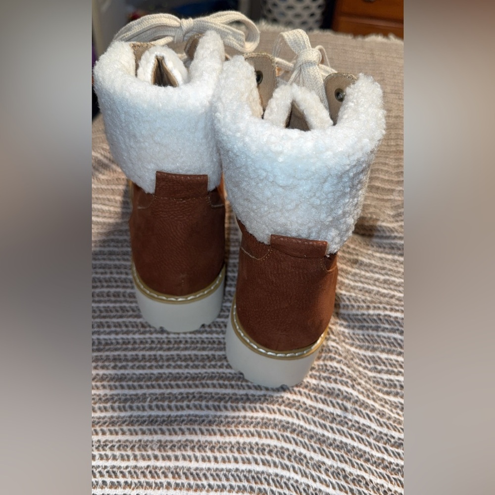 Women's Brown Faux-Shearling Lace-Up Ankle Booties - Picture 6 of 6